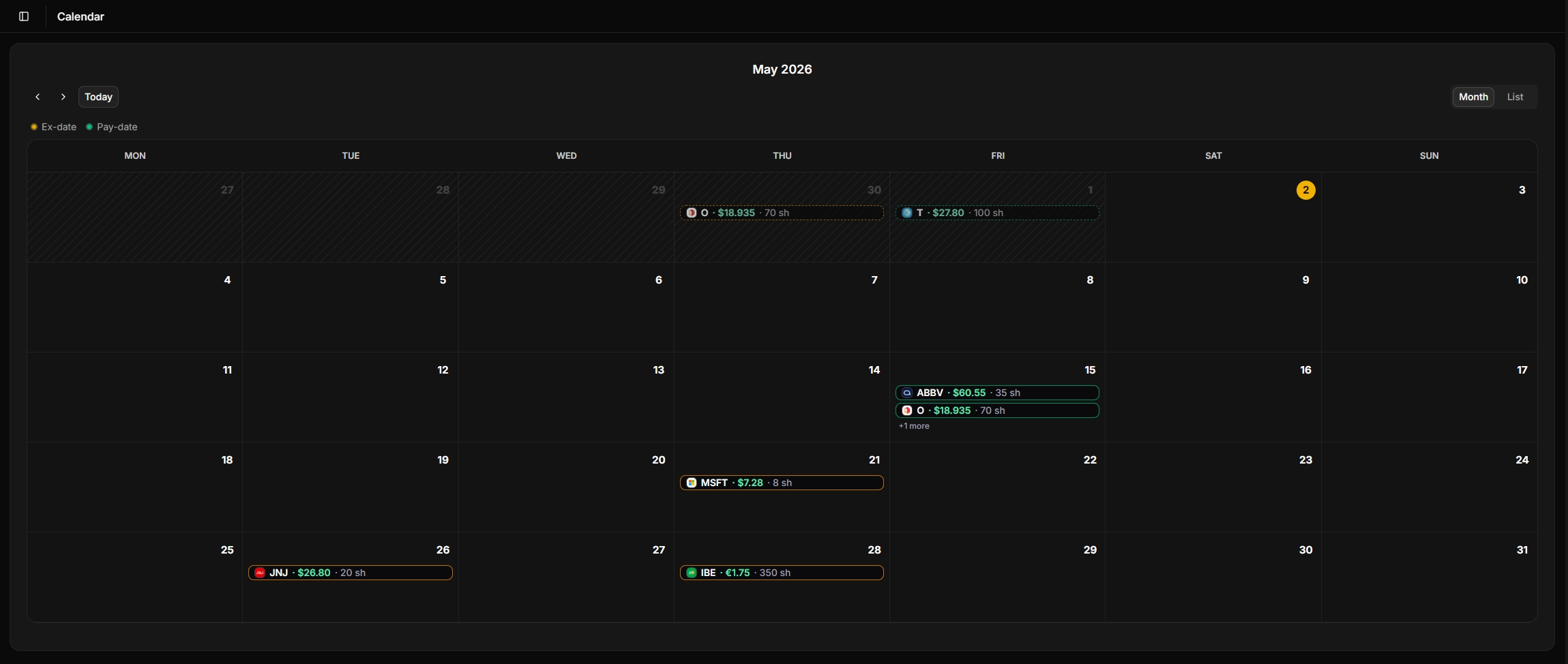 Calendar - desktop view